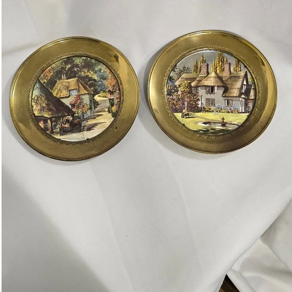 2 Vtg foil art brass wall plates England cottagecore countryside old world